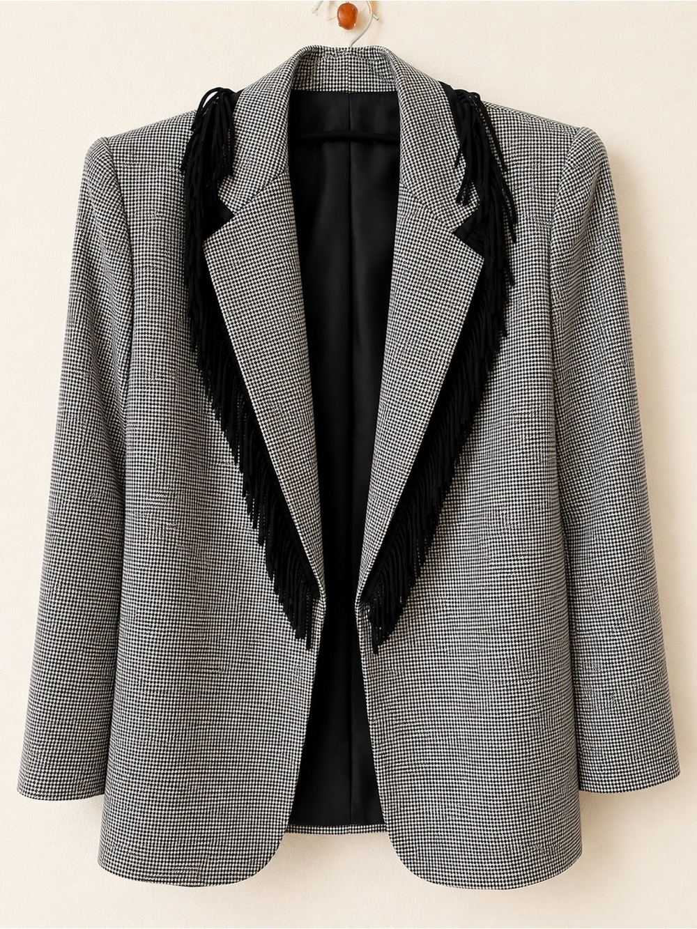 Houndstooth Fringe Blazer & Skirt Set - Black/White